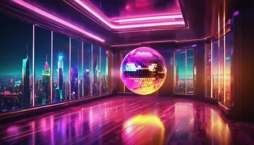 disco,prism ball,cinema 4d,mirror ball,nightclub,neon coffee,3d render,glass ball,ufo interior,cyberview,glass sphere,vapor,jukebox,spaceland,3d background,prism,disco ball,80's design,abstract retro,glass balls,Illustration,Realistic Fantasy,Realistic Fantasy 38