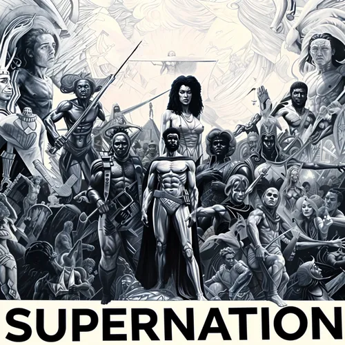 African American superheroes and gods, standing in a desert.  In the background sand dunes and flying pyramids.
The sun shines brightly and backlights our heroes.,SUPERNATION,subjugation,supranational