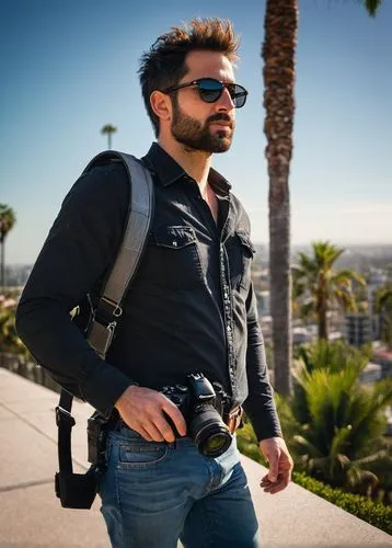 Male photographer, 35yo, short beard, messy hair, sunglasses, casual wear, denim jeans, black camera strap, Canon EOS camera, San Diego cityscape, modern architecture, skyscraper, villa, residential b