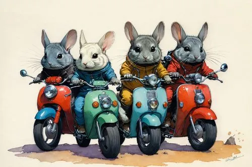 Some different colors chinchillas riding on motorbikes,Some different colors chinchillas riding on motorbikes,rabbit family,roaders,riders,bikers,bunnymen,rabbits,Illustration,Paper based,Paper Based 