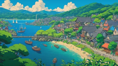 studio ghibli,popeye village,fishing village,aurora village,monkey island,resort town,seaside resort,seaside country,harbor,knight village,idyllic,mountain village,cartoon video game background,alpine village,an island far away landscape,boat harbor,boat landscape,gobelin,spa town,isle,Illustration,Japanese style,Japanese Style 16