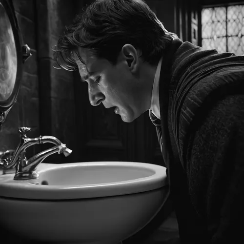 Scenes of life at Hogwarts School of Witchcraft and Wizardry under black and white surveillance footage: the dean is crying in the toilet (blurred footage, low pixels),potter,potter's wheel,newt,sink,