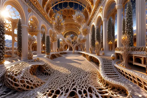 gaudí,fractal environment,mandelbulb,3d fantasy,ornate room,honeycomb structure,fractals art,islamic architectural,jewelry（architecture）,marble palace,building honeycomb,fractalius,biomechanical,medieval architecture,wooden construction,3d rendering,gothic architecture,wood art,the palau de la música catalana,fractal lights