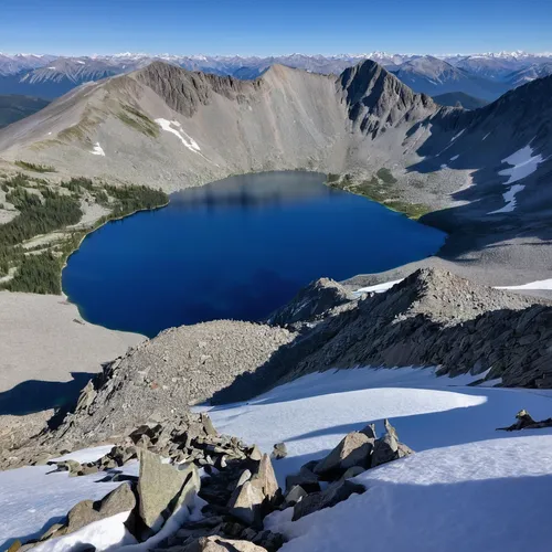 Looking down at Bertha Lake from the summit. Alderson at left and the north ridge stretching out in front of me here. Bertha Peak rises left of the lake.,alpine lake,heaven lake,high mountain lake,gla