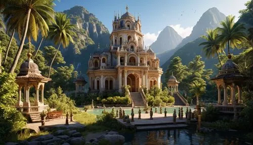 this painting depicts an elaborate fountain, surrounded by palm trees and surrounding the building,rivendell,theed,water palace,shambhala,thai temple,ancient city,naboo,uncharted,asian architecture,fa