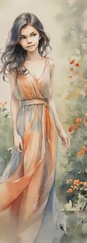 a painting of a woman in a long dress,watercolor background,naiad,watercolor painting,watercolor women accessory,girl in a long dress,diwata,amphitrite,watercolor mermaid,persephone,metamorphoses,aqua