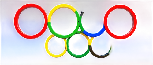 Olympic rings, interconnected, colorful, blue, yellow, black, green, red, 3D, metallic material, reflective surface, morning dew, soft sunlight, panoramic view, low-angle shot, dramatic composition, H