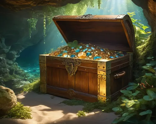 An open treasure chest in a sun-soaked grotto.,treasure chest,music chest,pirate treasure,crate of fruit,lures and buy new desktop,tackle box,gold shop,organist,a drawer,treasure house,sideboard,merch