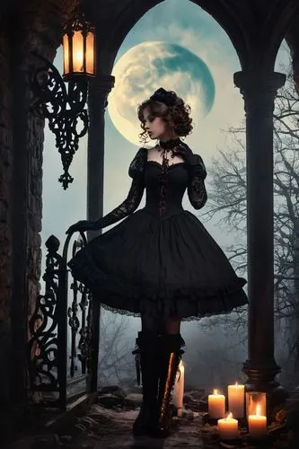 Tatyana, gothic lolita, solo, (14yo), pale skin, crimson eyes, curly brown hair, lace gloves, Victorian-era inspired dress, black stockings, leather boots, ornate necklace with a miniature Strahd's cr