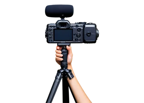 Camera, zoom lens, metallic body, black finish, detailed buttons, LCD screen, flash light, adjustable tripod, close-up shot, shallow depth of field, blurred background, professional photographer hand 