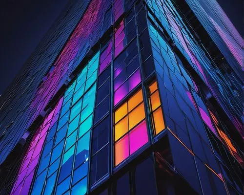 Modern skyscraper, sleek lines, glass façade, steel frame, urban cityscape, night time, bright neon lights, reflection on windows, 3/4 composition, low-angle shot, dramatic lighting, futuristic ambian