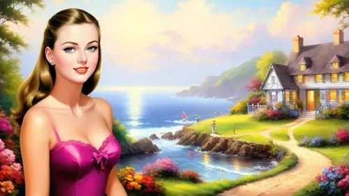 dark saturated colors, Romantic masterpiece oil painting, beautiful girl dainty girdle dress portrait, nostalgic 1950's style kitsch, seaside summer vacation cottage landscape, cozy familiar scenery, 