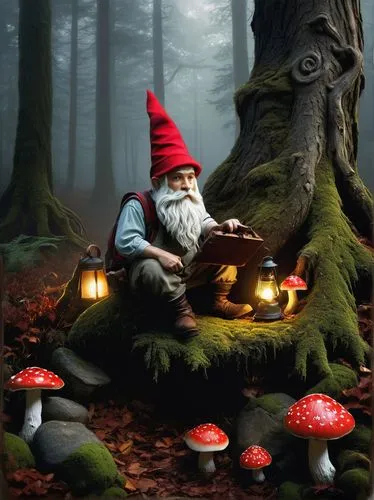 Deep forest, twilight atmosphere, ancient twisted trees, glowing mushrooms, intricate stone carvings, Gnome, bearded, pointy red hat, leather apron, wooden toolbox, holding lantern, warm soft lighting