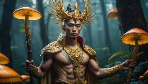 male elf,fantasy art,fantasy portrait,faun,wild emperor,fantasy picture,asian costume,mythological,ramayana,shaman,pharaoh,fantasy warrior,sea god,kos,putra,poseidon,candi rara jonggrang,javanese,kokoshnik,patung garuda,Illustration,Paper based,Paper Based 21