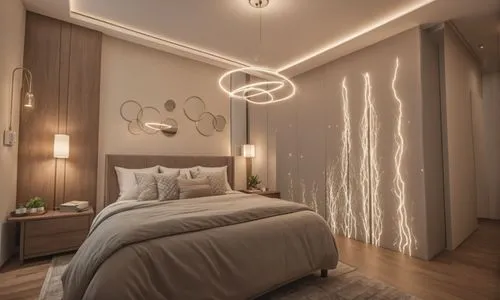 bedroom with bed  and chair  and lightning behind the bed
,modern room,modern decor,wall lamp,contemporary decor,sleeping room,bedroom,3d rendering,chambre,interior decoration,foscarini,wall light,hea