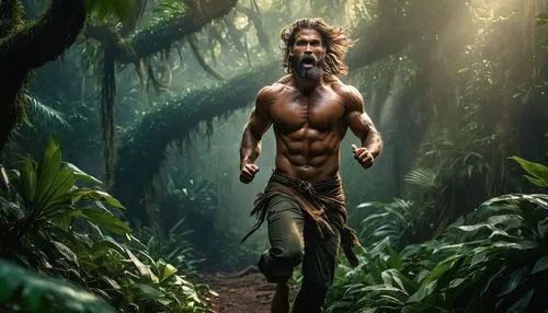 Tarzan-like, muscular man, wild hair, rugged beard, tribal tattoos, ripped chest, strong arms, athletic legs, torn loincloth, vines wrapped around body, jungle environment, ancient trees, exotic plant