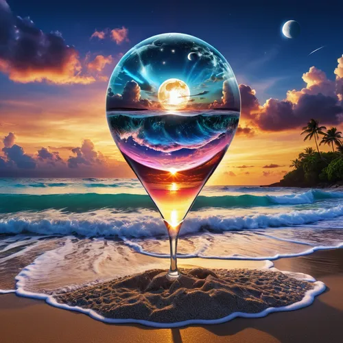 High detailed photo realistic hologram futuristic tropical beach sunset magical world in a tear drop cloud nebula precious moments t-shirt emblem looney toon gangster timelord howling at moon with sta