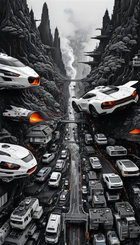 3d car wallpaper,futuristic landscape,convoy,gridlock,traffic jams,superhighways,traffic jam,gridlocks,carmageddon,street canyon,cars cemetry,fleets,racing road,supercars,heavy traffic,car wallpapers,car cemetery,cyberscene,bottleneck,parking lot,Illustration,Black and White,Black and White 09