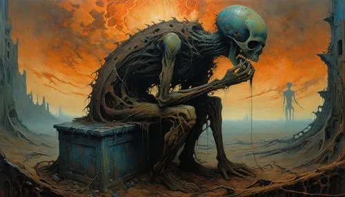 primitive man,death's-head,death god,hag,corrosion,vanitas,disfigurement,death's head,dead earth,dance of death,death head,necropolis,sepulchre,barren,pall-bearer,dormant,life after death,burned out,death angel,desolation,Conceptual Art,Oil color,Oil Color 05