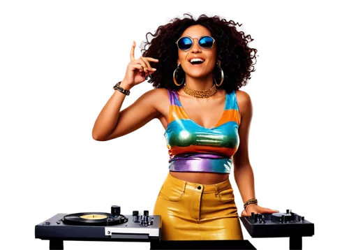 Funky DJ, Afro hairstyle, cool sunglasses, gold chain, flashy clothing, platform shoes, turntable, vinyl records, microphone, dynamic pose, groovy atmosphere, vibrant colors, disco ball lighting, 3/4 