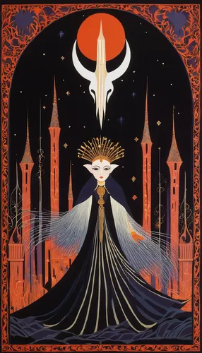 horn of amaltheia,priestess,walpurgis night,sorceress,pall-bearer,pillar of fire,fantasia,mysticism,archimandrite,art nouveau design,goatflower,golden candlestick,occult,phase of the moon,solstice,spire,high priest,esoteric,hinnom,tarot,Illustration,Retro,Retro 26