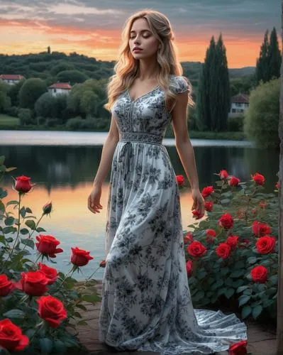 celtic woman,girl in a long dress,evening dress,with roses,long dress,scent of roses,romantic portrait,romantic look,way of the roses,romantic rose,country dress,fantasy picture,photoshop manipulation,roses,photo manipulation,enchanting,celtic queen,landscape rose,beautiful girl with flowers,vintage dress,Illustration,Black and White,Black and White 27