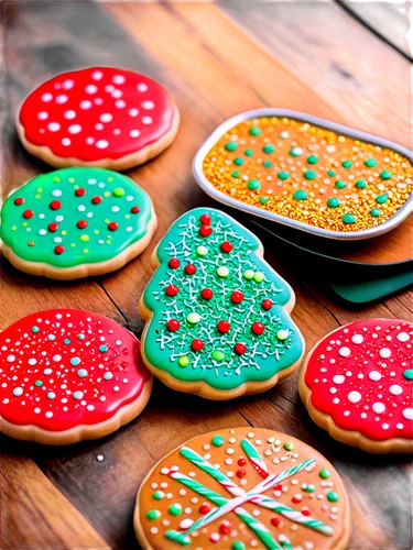 Christmas cookie, festive holiday treat, golden brown, sprinkles, red and green icing, sugar decorations, ceramic plate, wooden table, warm lighting, shallow depth of field, close-up shot, macro photo