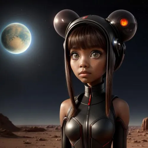 A Martian girl with big, beautiful eyes,sci fiction illustration,planet mars,lost in space,lunar eclipse,anime 3d,sci fi,lunar,asterales,moon phase,exomoon,mission to mars,et,violinist violinist of th