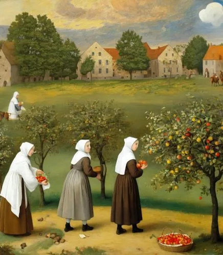 girl picking apples,cart of apples,apple harvest,nuns,orchardists,basket of apples