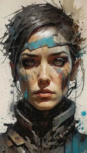 transistor,echo,sci fiction illustration,world digital painting,zao,cyborg,illustrator,head woman,woman face,painting technique,thick paint strokes,cyberpunk,game art,face portrait,artemisia,sparrow,cybernetics,digital art,shepard,corroded,Illustration,Realistic Fantasy,Realistic Fantasy 03