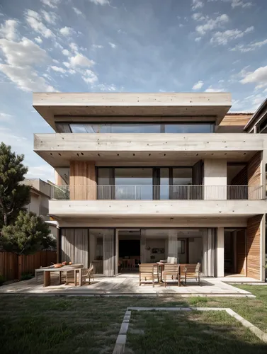 modern facade architecture with lounge terrace in Mediterranean style, raw wood, concrete, wabi sabi, japandi design aesthetic, photorealistic render,modern house,dunes house,residential house,archida