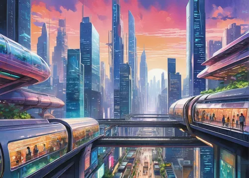 futuristic landscape,futuristic,metropolis,fantasy city,valerian,futuristic architecture,maglev,cityscape,city cities,shanghai,utopian,cities,dystopian,tokyo city,dystopia,sky train,cyberpunk,colorful city,scifi,sci-fi,Illustration,Paper based,Paper Based 25