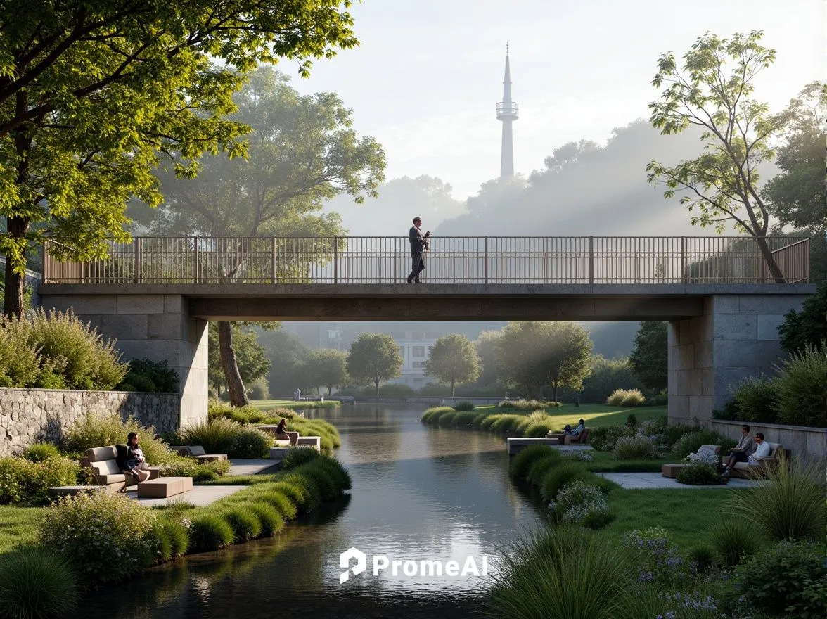 Rustic pedestrian bridge, meandering river, lush green vegetation, natural stone piers, wooden decking, stainless steel railings, modern minimalist design, subtle lighting effects, misty morning atmos