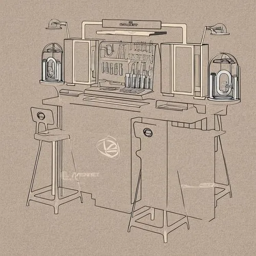 apothecary,sewing machine,secretary desk,espresso machine,soda fountain,workbench,bar counter,bar,liquor bar,laboratory,desk,bartender,coffee machine,computer workstation,computer desk,coffee tea illu