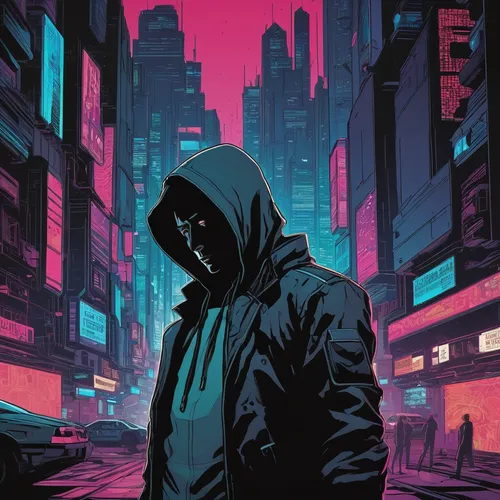 cyberpunk,hooded man,red hood,daredevil,jacket,hooded,dystopian,hoodie,urban,assassin,black city,novelist,parka,pedestrian,cityscape,would a background,dystopia,digital illustration,cyber,cg artwork,Illustration,Vector,Vector 02