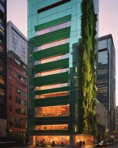 Modern futuristic skyscraper, sleek metal exterior, glass windows, neon lights, urban cityscape, busy street scene, people walking, cars driving by, night time, warm color tone, cinematic composition,