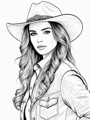 the image of a girl in a hat and jacket,cowgirl,fashion vector,akubra,countrygirl,coreldraw,sheriff,Design Sketch,Design Sketch,Black and white Comic