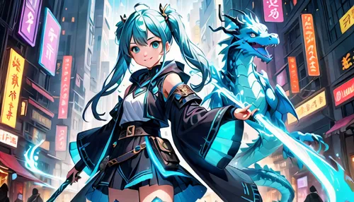 hatsune miku,aqua,miku,dragon li,vocaloid,monsoon banner,water-the sword lily,sword lily,kinara,nine-tailed,goki,winterblueher,dragon slayer,white heart,umiuchiwa,anime japanese clothing,hong,hwachae,cyan,blue enchantress