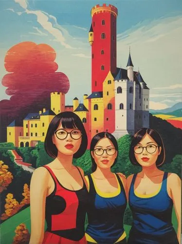 Asian tourist girls in front of Lichtenstein Castle.,the painting depicts three women with glasses on,vandenbroucke,urbino,catalfamo,quadro,cascina,quartette,Illustration,Vector,Vector 02