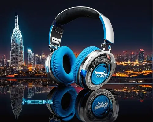 Messi headphones, sleek modern design, metallic earcups, silver accents, soft cushioning, adjustable headband, DJ-style, rotating earcups, professional audio equipment, studio setting, urban backgroun