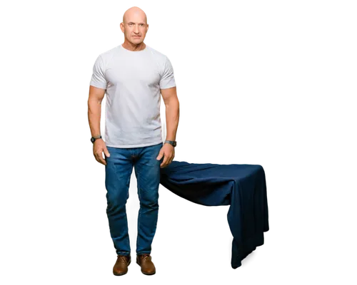 bald head, wrinkled skin, aged face, senior man, muscular arms, strong chest, simple white shirt, blue jeans, standing, confident pose, natural light, soft focus, shallow depth of field, warm color to