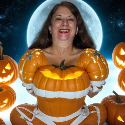 хелоин в космоса,огромни цици,тикви и звезди,,a woman posing with her arms wide open next to pumpkins,kirdyapkin,pumpsie,haloween,enza,moonda,halloweenkuerbis