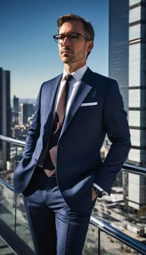 Middle-aged man, architecture designer Ralph, stylish glasses, short brown hair, stubble beard, white shirt, black tie, dark blue suit, hands in pockets, standing, modern skyscraper, cityscape, steel 