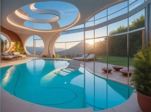 add pool,this is an indoor swimming pool next to a huge window,pool house,futuristic architecture,infinity swimming pool,modern architecture,holiday villa,swimming pool,therme,modern house,arcona,inte