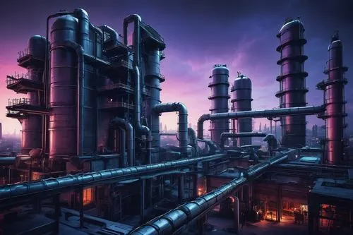 Industrial architecture, futuristic factory, steel beams, iron pipes, concrete walls, large windows, urban setting, cityscape, skyscrapers in background, night scene, neon lights, soft glow, misty atm