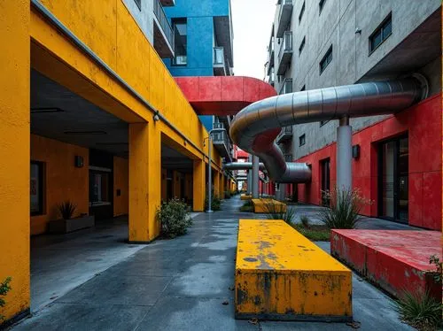 Vibrant industrial landscape, abstract geometric shapes, bold primary colors, stark contrasts, metallic textures, distressed finishes, urban cityscape, brutalist architecture, exposed ductwork, concre