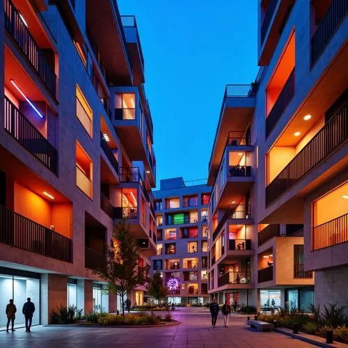 Vibrant student halls, postmodernist architecture, fragmented forms, irregular shapes, bold color schemes, dynamic lighting effects, LED installations, abstract patterns, geometric textures, industria