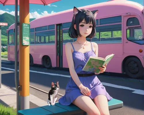 bus stop,monogatari,busstop,bus,bookmobile,tsukiko,neko,girl studying,city bus,schoolbreak,comiket,akiba,school bus,anime 3d,reading,citycat,public transportation,street car,miku maekawa,michiru,Illustration,Japanese style,Japanese Style 08