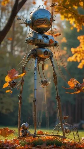 War of the worlds, robot, children, swing, trees, grass,scrap sculpture,fairy stand,autumn background,autumn camper,autumn chores,steel sculpture,bacteriophage,autumn idyll,insect house,autumn scenery