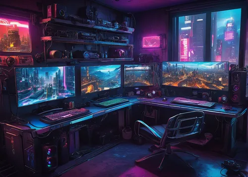 Describe the ultimate PC gaming setup in a futuristic cyberpunk city.,computer room,cyberpunk,game room,gamer zone,computer desk,computer workstation,monitor wall,desk,computer game,the server room,ae